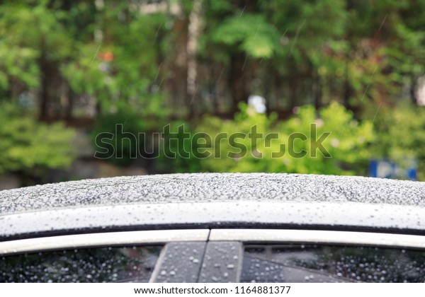It is raining on\
the roof of the vehicle.