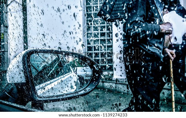 Rainy, Car's Mirror and Old
People
