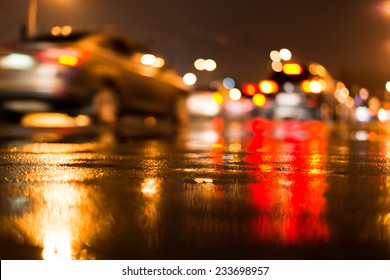 Rainy Day In The City At Night, Traffic Jam On The Street