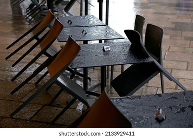 In A Rainy Day A Restaurant Closed The Terrace Because Of The Weather