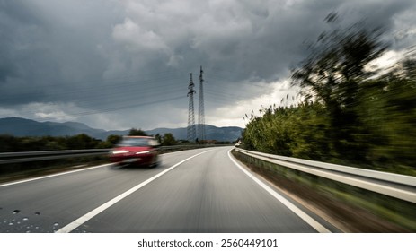 Rainy Highway Perspective Capturing Speed, Danger, and the Risk of Reckless Driving on a Stormy, Overcast Day