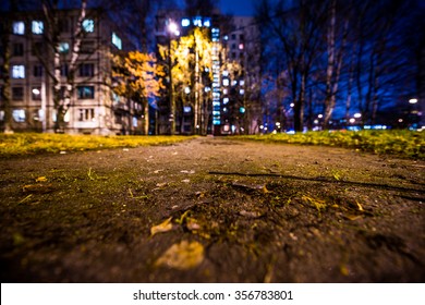 Rainy Night In The Big City, Alley In The Courtyard Between Buildings. View From A Wide Angle At The Level Of Ground, In Blue Tones