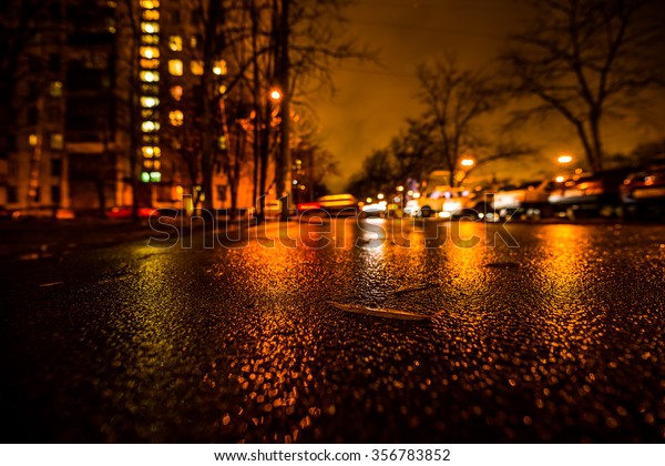 Rainy night in the big city, alley\
in the city. View from a wide angle at the level of\
asphalt