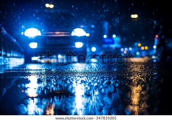 Rainy night in the big city, approaching\
headlights of car traveling along the avenue. View from the level\
of the curb on the road, in blue\
tones