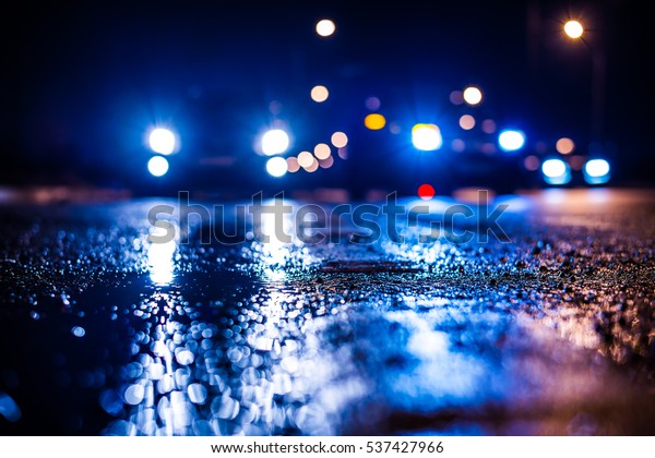 Rainy night in the big\
city, the car traveling towards the headlights illuminate the road.\
Close up view from the level of the dividing line, image in the\
blue tones