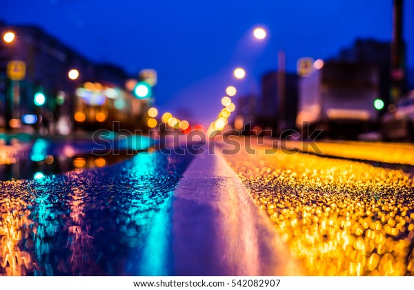 Rainy night in the\
big city, the empty road with lanterns. Close up view from the\
level of the dividing\
line