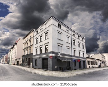Rainy sky over street corner in Chelmno, Poland.