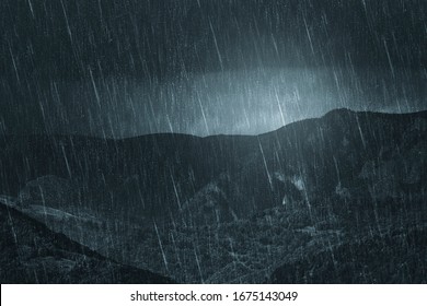 Rainy Weather Dark Landscape, Mountain View During Heavy Rain