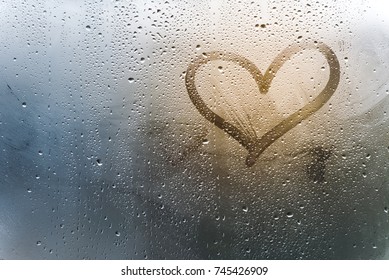 Rainy Weather, The Inscription Heart On The Sweaty Glass.