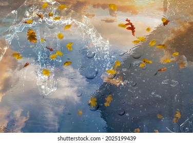 rainy weather sky reflection in puddle water asphalt after rain bubbles rainy season autumn leaves fall building reflection on water