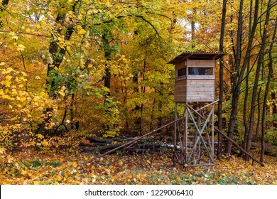 Raised blind in a forest for hunting.  - Powered by Shutterstock