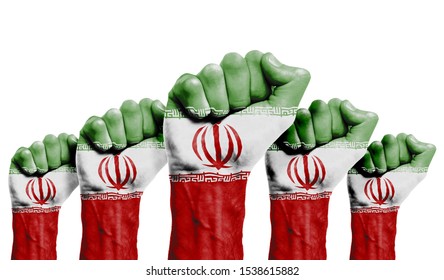 A raised fist of a protesters painted with the Iran flag
