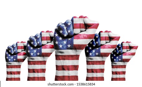 A Raised Fist Of A Protesters Painted With The USA Flag