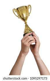 Raised Hands Of A Man Are Holding Trophy. Isolated On White 