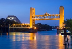 Raised Tower Bridge At Night, Sacramento