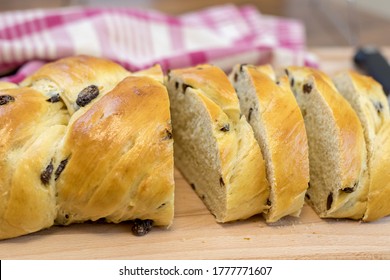 Raisin Challah Bread Braided And Sliced