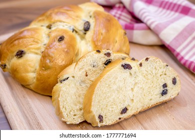 Raisin Challah Bread Braided And Sliced