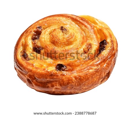 Raisin Danish pastry isolated or pain aux raisins spiral buns with raisins and custard, or escargot in white background, no shadow with clipping path