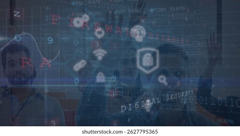 Raising hands six colleagues learning cybersecurity in conference room, with padlock icons. Corporate, teamwork, innovation, technology, professional, digital, networking