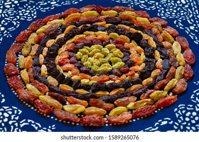 Raisins On Display, Includes Currants, Flame Seedless Raisins, Golden Seedless Raisins, And Muscat Raisins