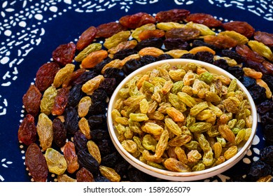 Raisins On Display, Includes Currants, Flame Seedless Raisins, Golden Seedless Raisins, And Muscat Raisins