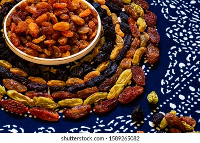 Raisins On Display, Includes Currants, Flame Seedless Raisins, Golden Seedless Raisins, And Muscat Raisins