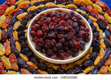 Raisins On Display, Includes Currants, Flame Seedless Raisins, Golden Seedless Raisins, And Muscat Raisins