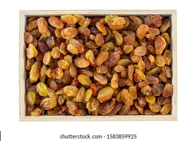 Raisins In A Wooden Box, Isolated On White