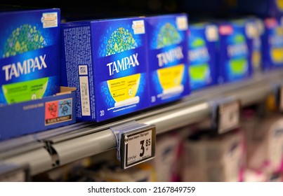 Rajamaki, Finland -06-14-2022: Tampax Tampons Or Menstrual Hygiene Products. Tampons Are Personal Care Products Used By Girls And Women During Menstruation.