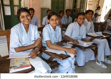 Rajasthan, India - February 25, 2006: Young Nursing Students In A School Class Of Naila Fort A Village Of Jaipur