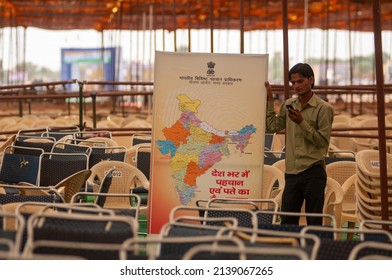 Rajasthan, India-Nov 20 2012: man holding India's map during an event where deliver 21st crore Aadhaar card at the launch of Aadhaar Card Service on the 2nd anniversary of Aadhaar Card at Dudu.