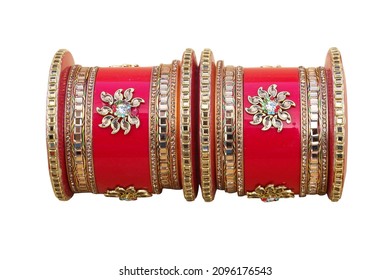 Rajasthani Bride Red Bangles Or Chuda On White Background,