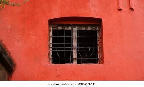 Rajbari Windows With Red Colour Wall Made In British Empire In West Bengal, India.