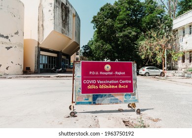 Rajkot, Gujarat, India: Circa 2021- View Of Banner And Building Of COVID Vaccination Center In Rajkot Civil Hospital, Gujarat