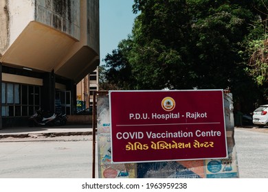 Rajkot, Gujarat, India: Circa 2021- View Of Banner And Building Of COVID Vaccination Center In Rajkot Civil Hospital, Gujarat