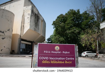 Rajkot, Gujarat, India: Circa 2021- View Of Banner And Building Of COVID Vaccination Center In Rajkot Civil Hospital, Gujarat