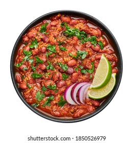 Rajma Masala Curry In Black Bowl Isolated On White. Red Kidney Bean Dal Is Indian Cuisine Vegetarian Dish. Asian Food, Meal. Top View