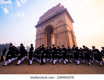 Rajpath, New Delhi, India, January-2018: Soldiers Of Indian Army In Front Of India Gate During Republic Day Parade Rehearsals