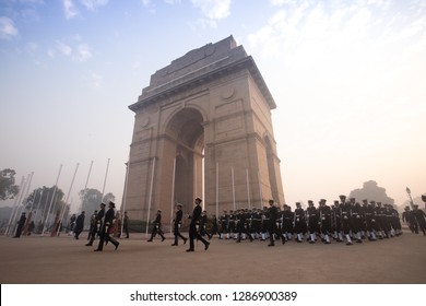 Rajpath, New Delhi, India, January-2018: Soldiers Of Indian Army In Front Of India Gate During Republic Day Parade Rehearsals