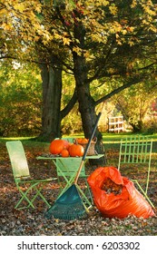 Raking Leaves Around The House In Autumn