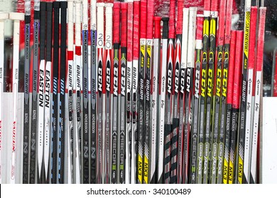 RALEIGH, NC  April 11, 2015: Detroit Red Wings Hockey Sticks On The Bench During The NHL Game Between The Detroit Red Wings And The Carolina Hurricanes At The PNC Arena. 