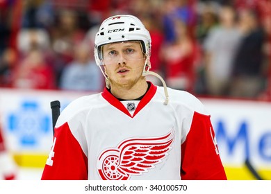 RALEIGH, NC April 11, 2015: Detroit Red Wings Center Gustav Nyquist (14) During The NHL Game Between The Detroit Red Wings And The Carolina Hurricanes At The PNC Arena. 