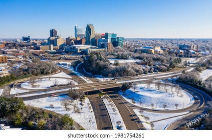 Raleigh, NC Downtown Aerial View In Winter, Covered By Snow