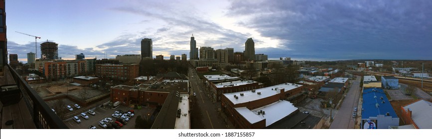 Raleigh, NC, United States - January 4, 2021: Birds Eye Panoramic View Of Downtown Raleigh And The Warehouse District At Dawn.