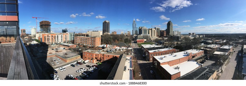 Raleigh, NC, United States - January 6, 2021: Birds Eye Panoramic View Of Downtown Raleigh And The Warehouse District