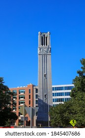 RALEIGH, NC, USA - SEPTEMBER 04, 2020 : Clock Tower At North Carolina State University In Raleigh, North Carolina. It Is Largest University In Both North And South Carolina.