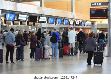 Raleigh, NC/United States- 11/12/2018: Passengers Wait To Check Bags In A Long Line At RDU International Airport. 