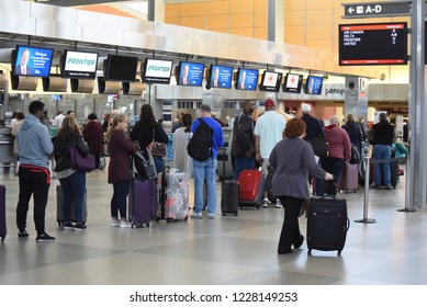 Raleigh, NC/United States- 11/12/2018: Passengers Wait To Check Bags In A Long Line At RDU International Airport. 