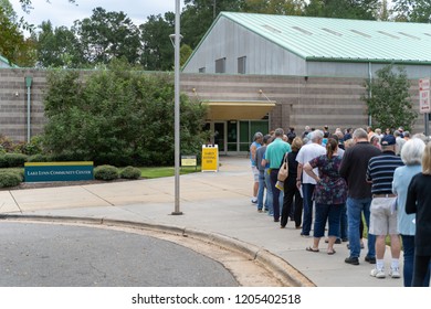 RALEIGH, NORTH CAROLINA / USA - OCTOBER 17, 2018: Voters Waiting In Line For First Day Of Early Voting At Lake Lynn Community Center