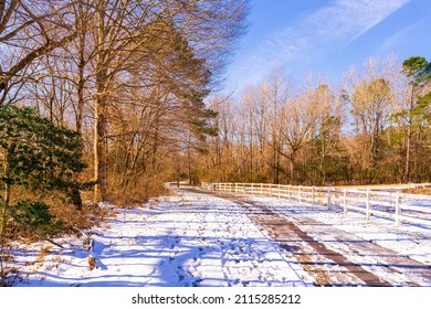 Raleigh, North Carolina USA-01 23 2022: Neuse River Trail In Winter After Light Snowfall